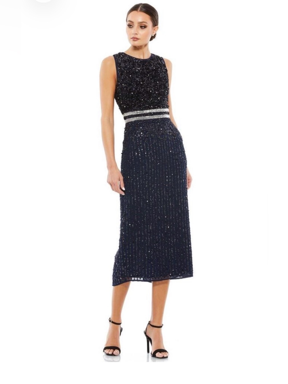 Mac Duggal Navy Sleeveless High Neck Embellished Midi Dress 10509 Size 16 NWT